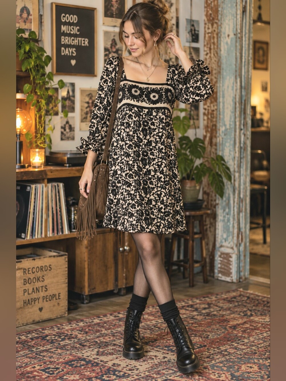 Betsey Johnson Black floral silky Square Neck dress three quarter sleeves w/bow